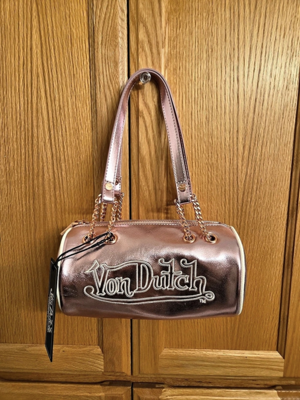 Von Dutch Rose Gold Reflective Bowling Bag Pink